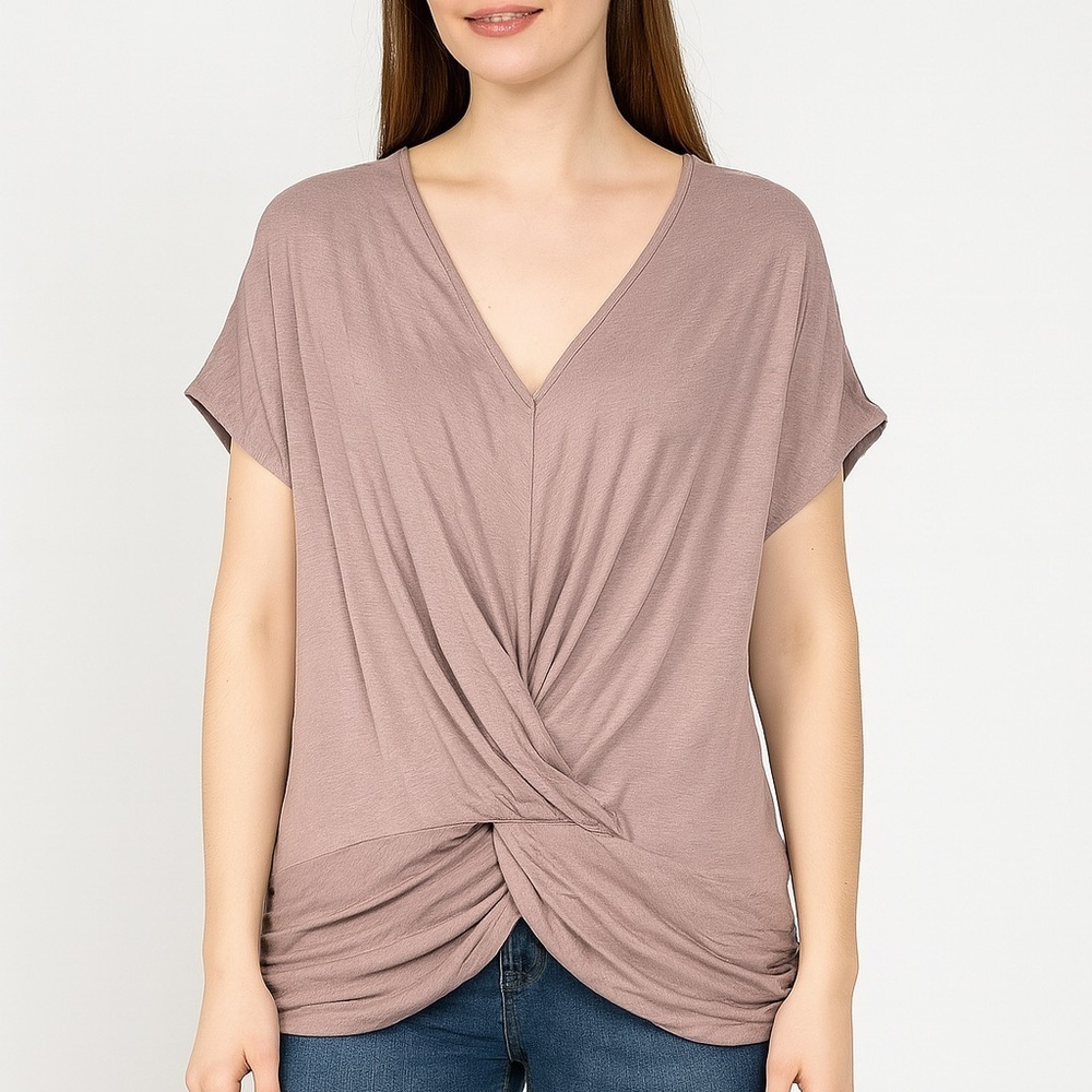 Arden B Mauve Twist Front Short Sleeve Top